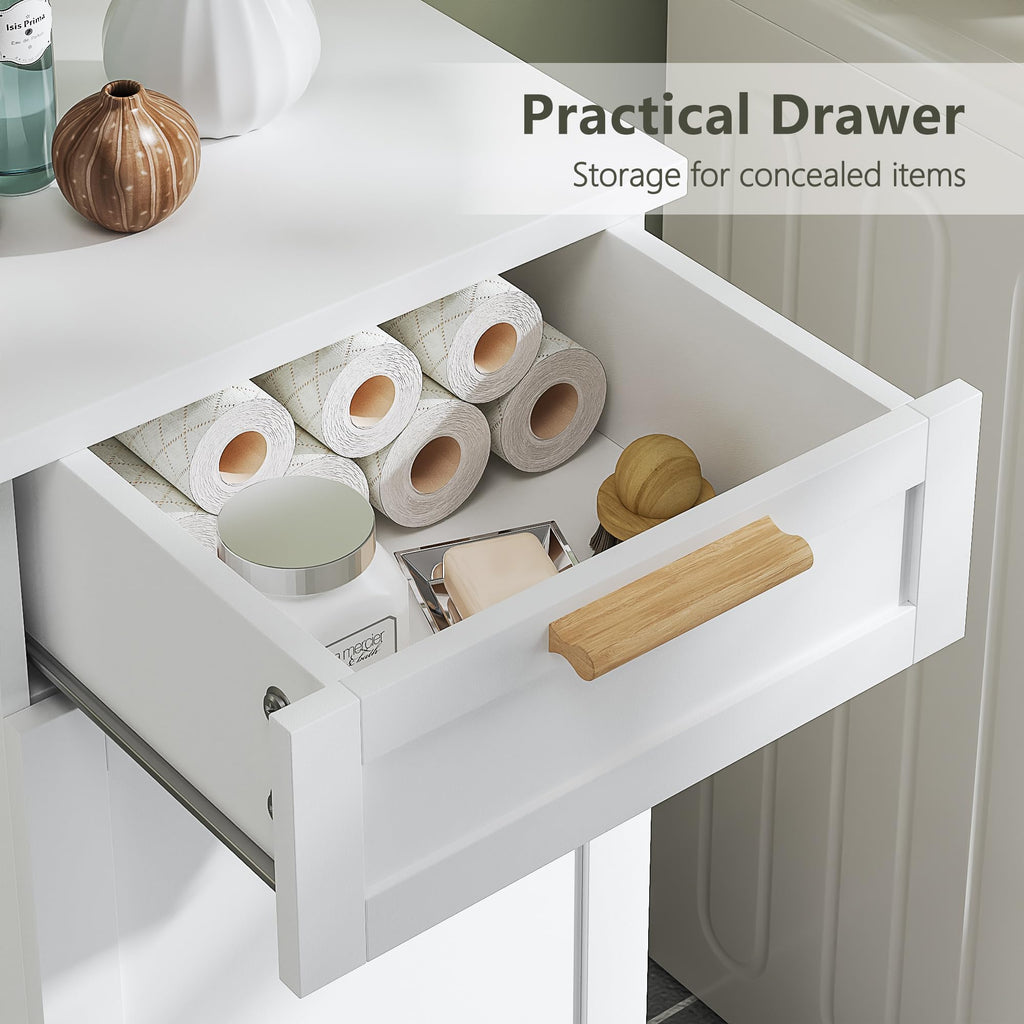Tilt Out Laundry Hamper, 35" Bathroom Cabinet with Hidden Removable Basket, 1 Drawer and 4 Side Hooks for Storage