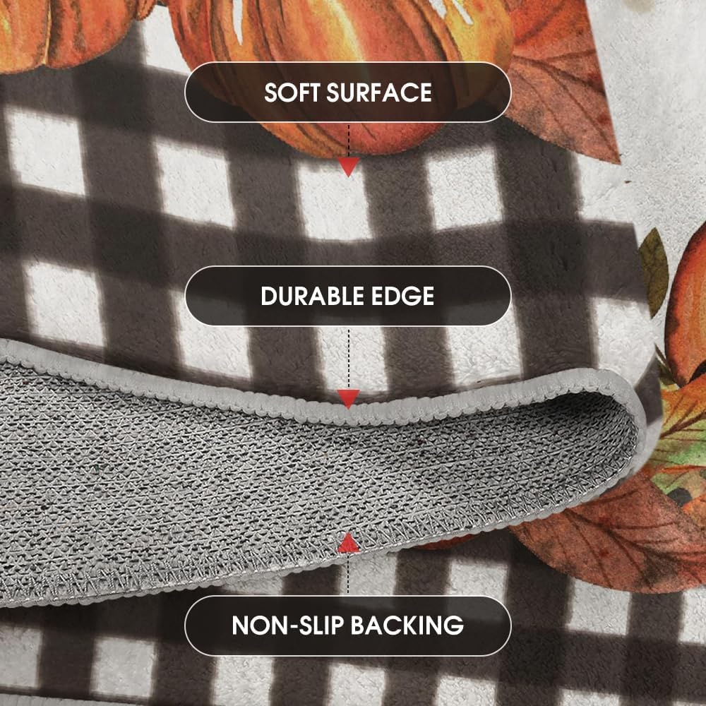Buffalo Plaid Pumpkins Mushrooms Birdhouse Leaves Fall Area Rug, Autumn Thanksgiving Home Decor Low-Profile Washable