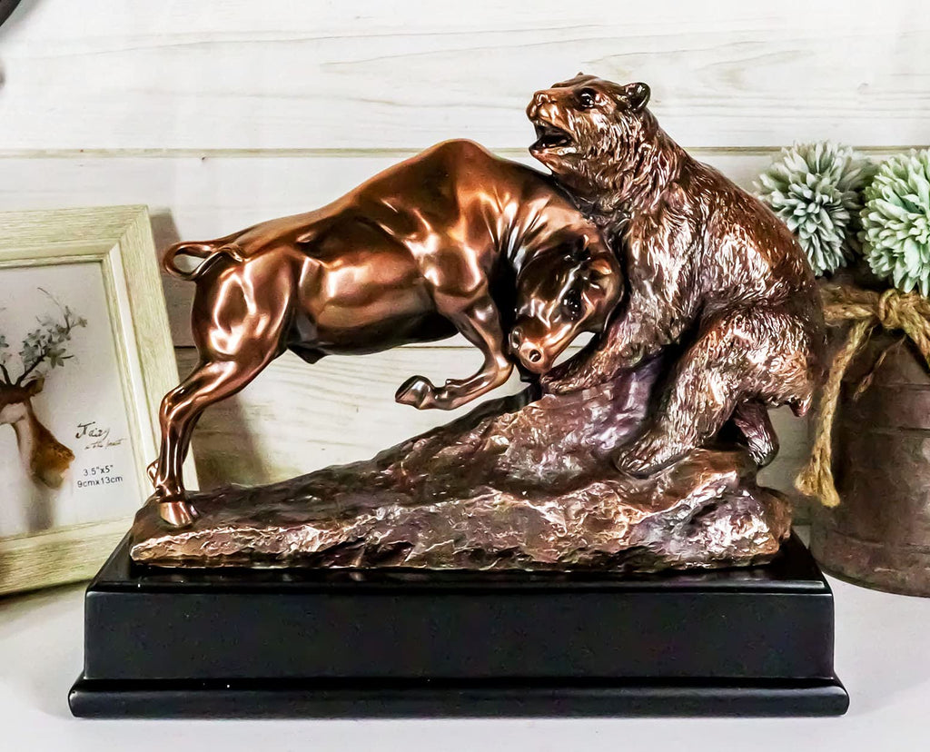 Wall Street Stock Market Charging Bull Goring Bear Statue Bronze Electroplated Figurine with Base Ideal for Investors