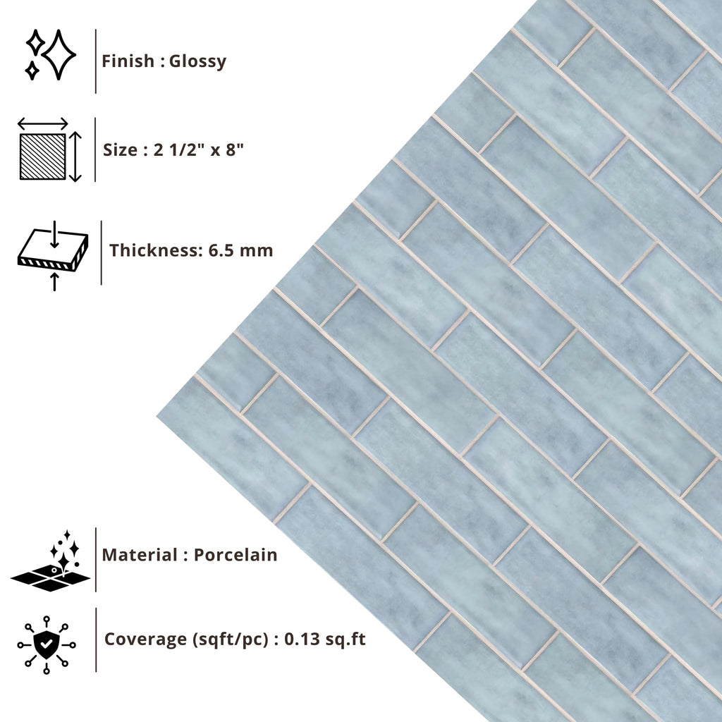 Handmade Zellige Look 2.5" x 8" Blue Porcelain Tile - High Gloss Pressed Edge Subway Tile for Wall & Floor, Bathroom