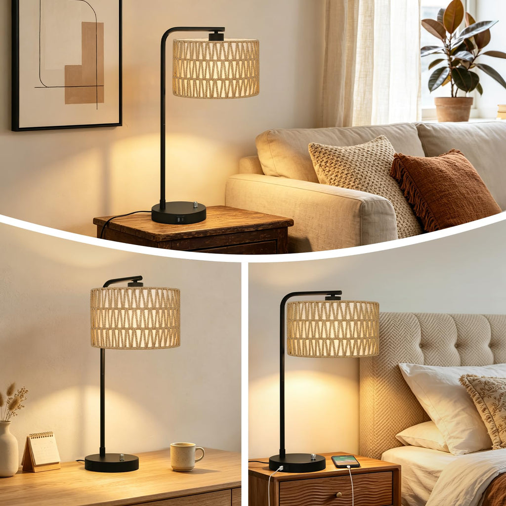 Boho Rattan Table Lamp, Fully Dimmable Tall Bedside Lamp with USB C+A Ports