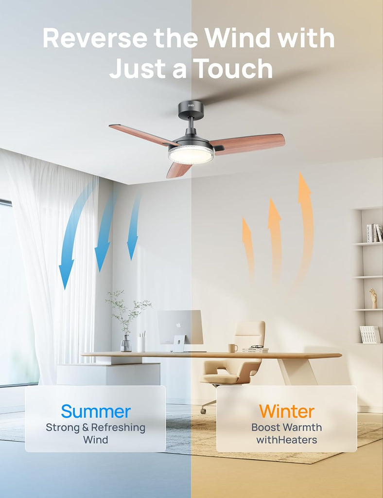 Smart Ceiling Fans with Lights, 42 Inch Black Ceiling Fan, 12 Speeds & 3 Fan Modes, Stepless Color Tones