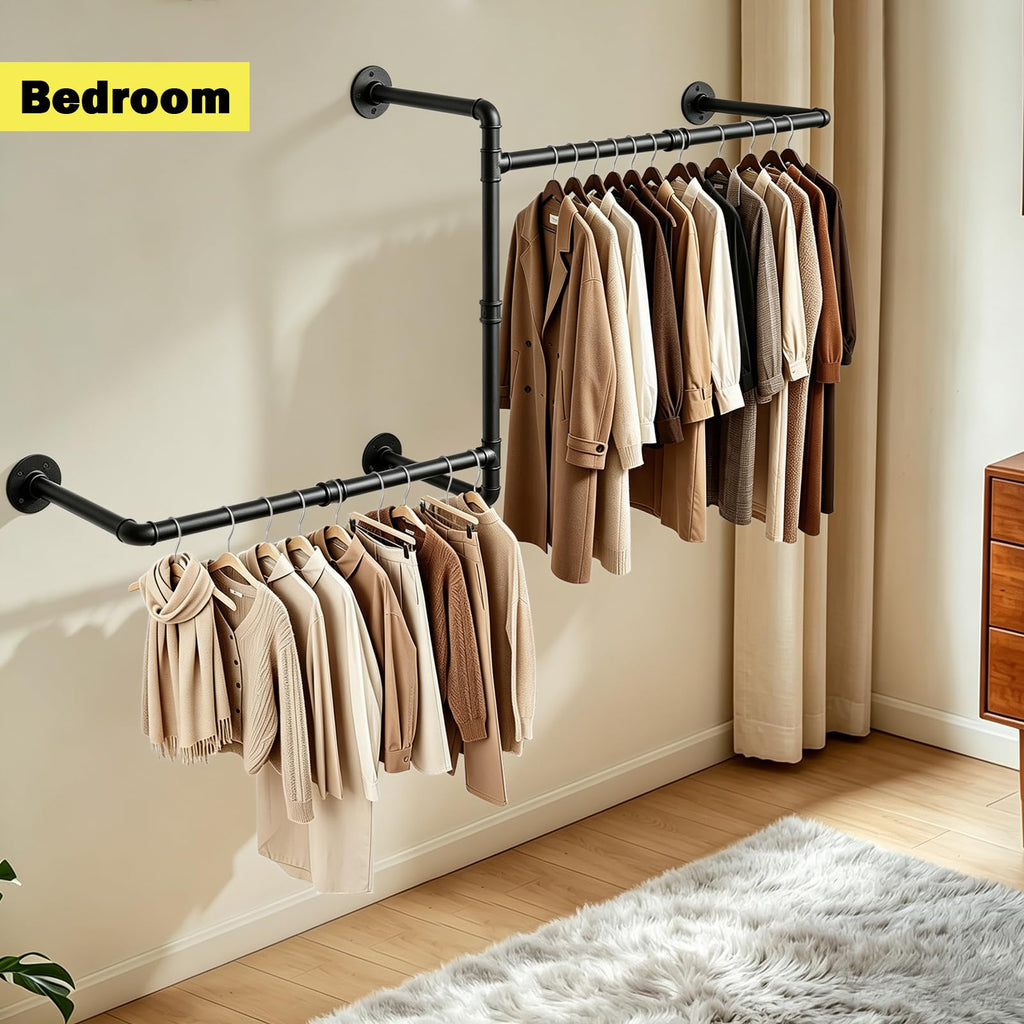 Industrial Pipe Clothes Rack, 50 In Heavy Duty Wall Mounted Garment Rack, DIY Rustic Iron Clothing Bar Closet Laundry