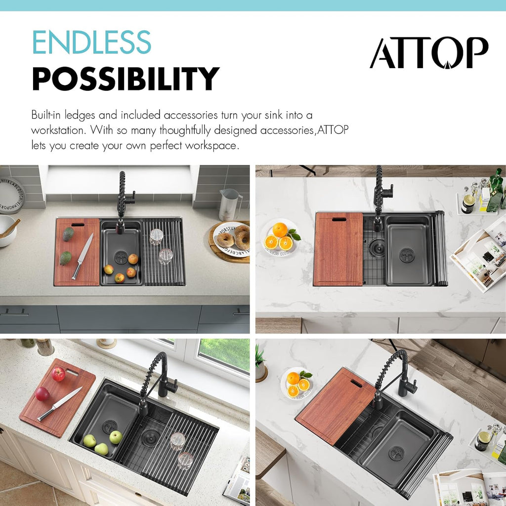 32 Inch Black Workstation Undermount Large Single Bowl Kitchen Sink | 32x19 Inch, Nano Black Stainless steel
