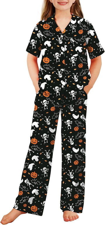 Pajamas for Girls Short Sleeve Long Pants Sleepwear Button Pjs Set