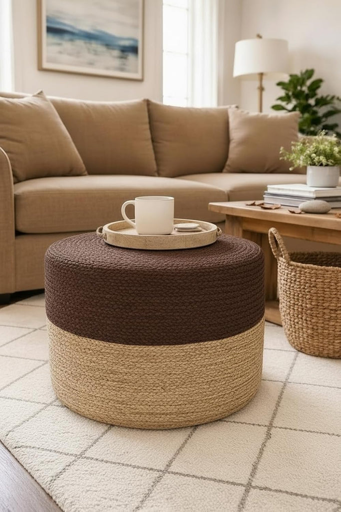 Pouf Ottoman 100% Jute Pouffe Natural Brown (18"x18"x12") | Hand Knitted Traditional Cord Boho Ottoman Jute Braided