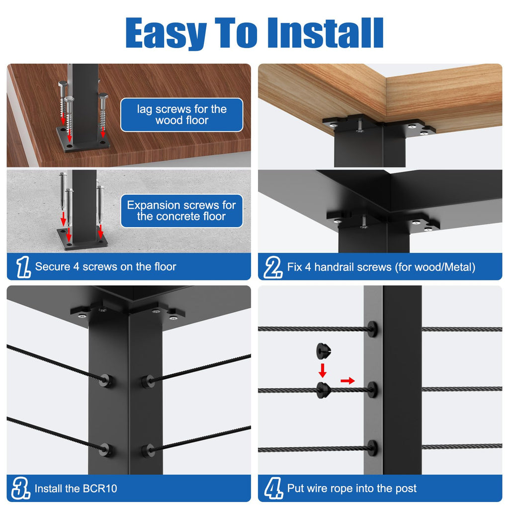 36" Cable Railing Corner Post(Post 35"x2"x2"), L-Drilled Corner Post with Flat Top Mount, Stainless Steel Black