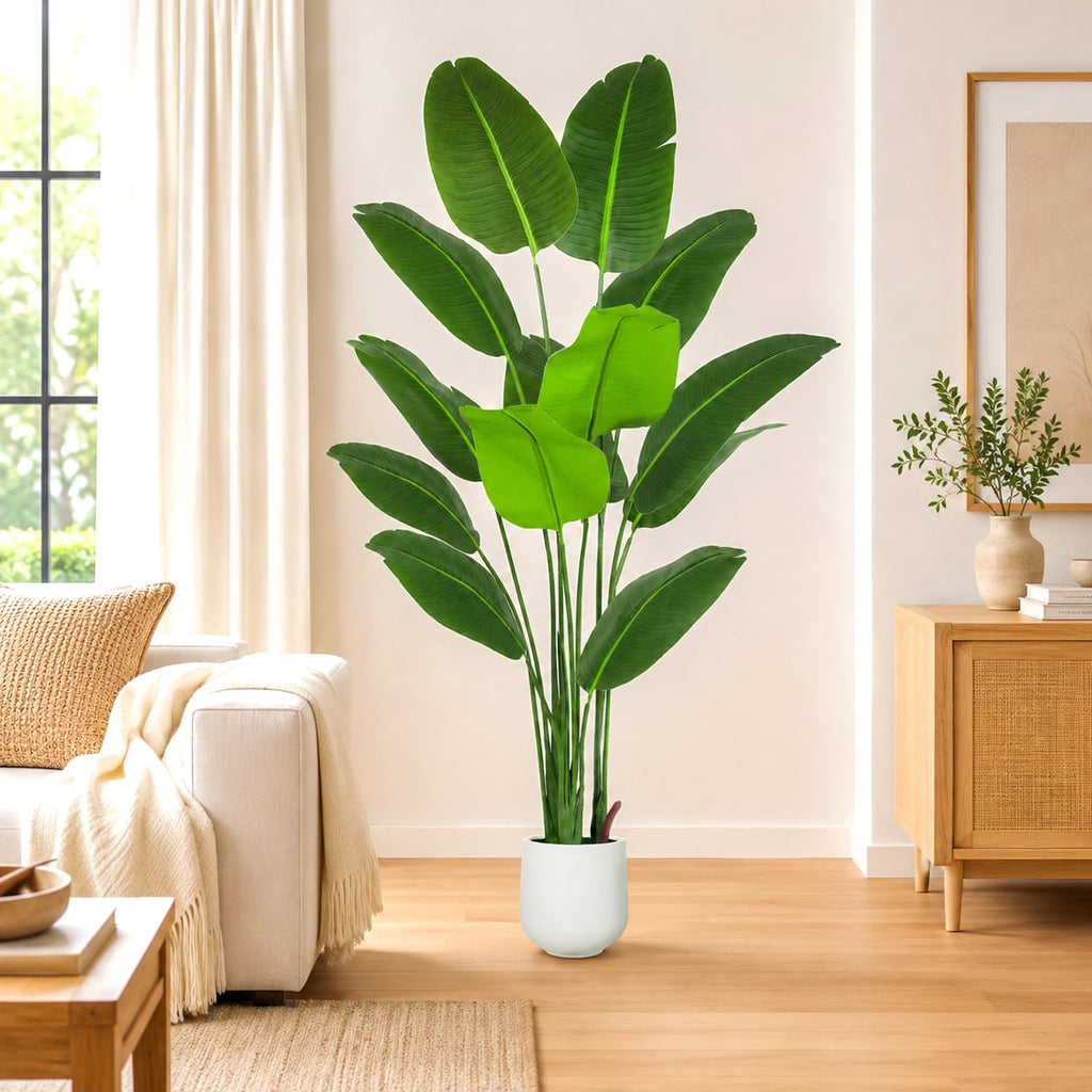 Bird of Paradise Artificial Plant with White Planter, 6FT Tall Large Fake Green Plants with 13 Trunks, Faux Plant
