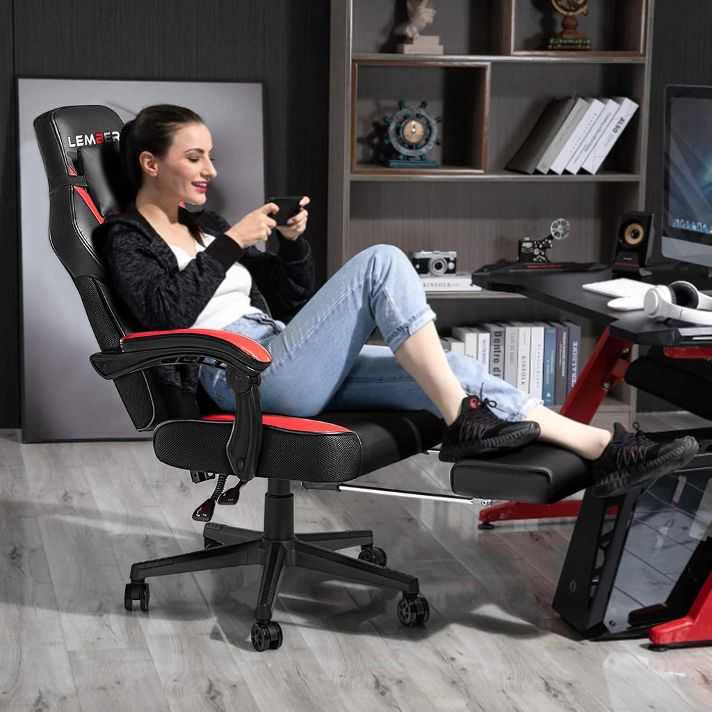 Big and Tall Gaming Chair, 400lb Capacity, Red | Heavy-duty steel frame, wide seat & high back, PU leather