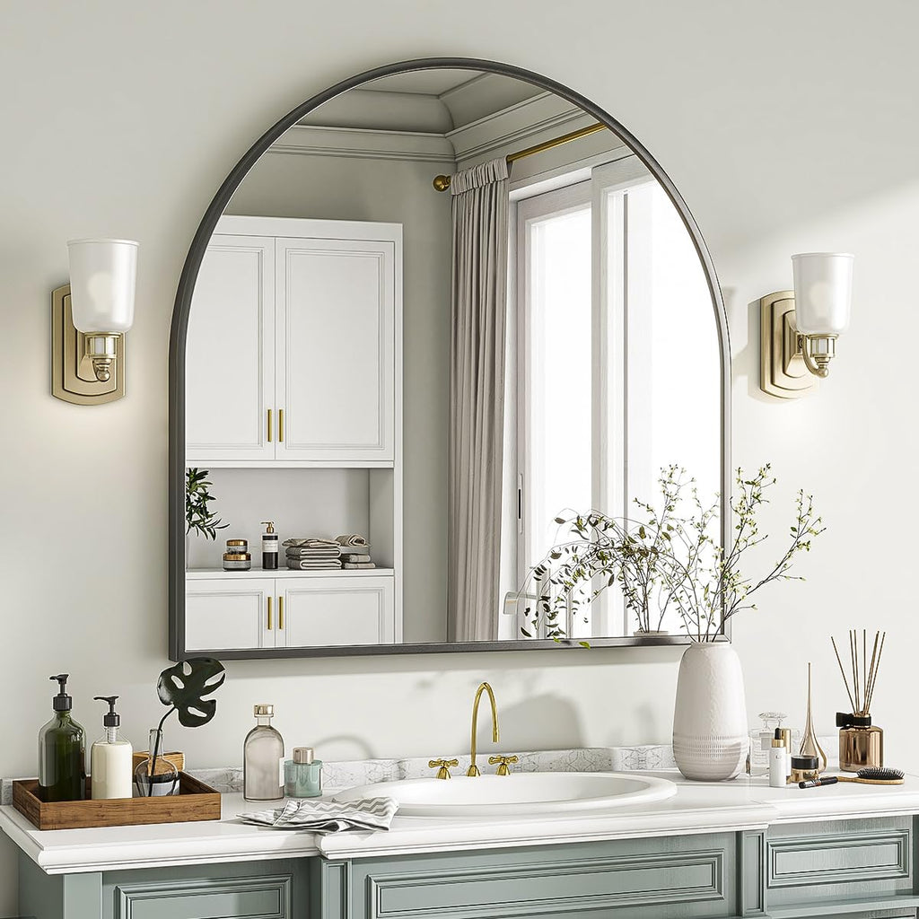 Wide Arched Wall Mirror, 31 x 32 inch Arch Bathroom Mirror Black