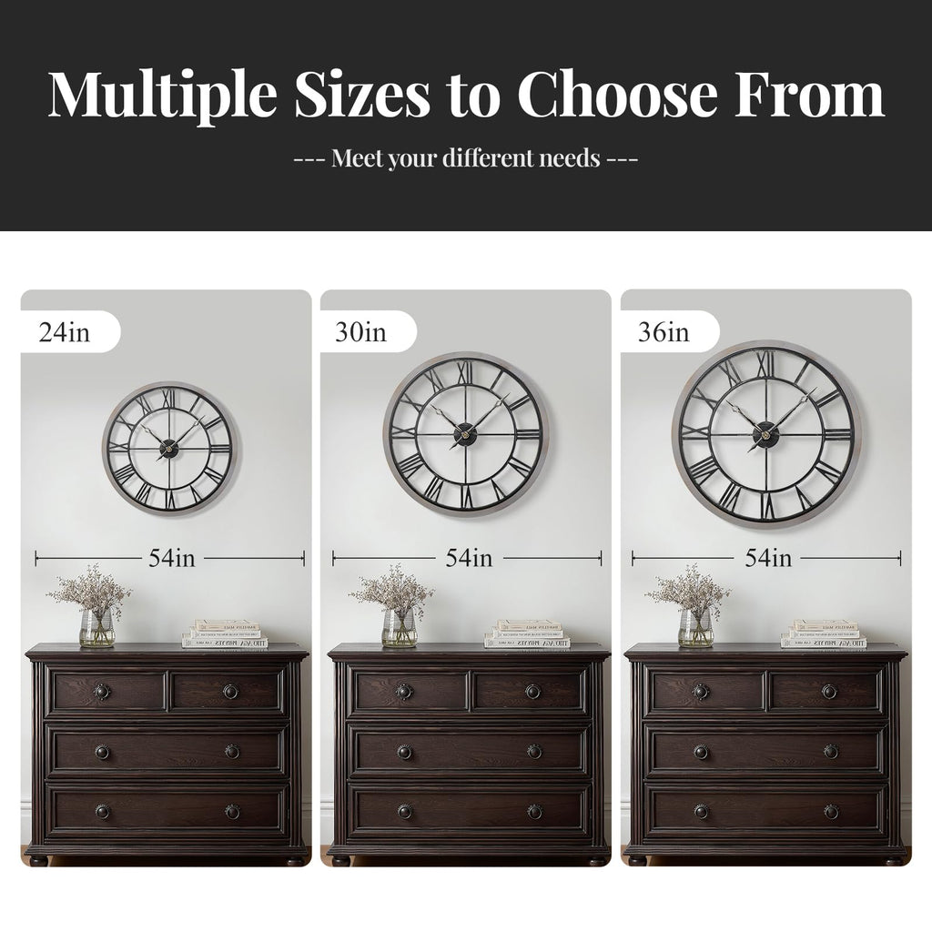 30 Inch Large Wall Clock Rustic Industrial Wood Frame Roman Numeral