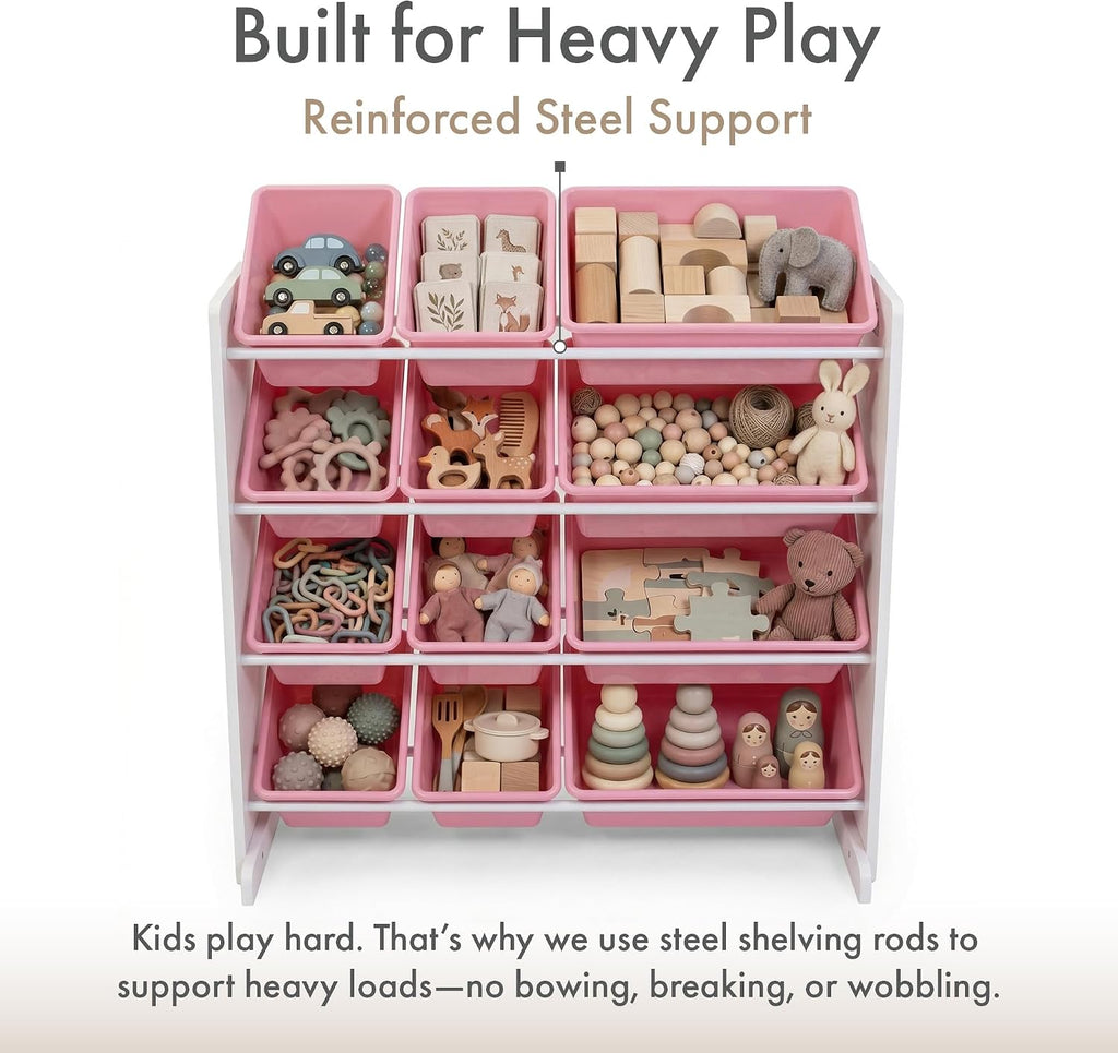 Kids Toy Organizer with 12 Bins, 4 Tier Storage | Sturdy wood and steel toddler shelf, removable BPA-free containers