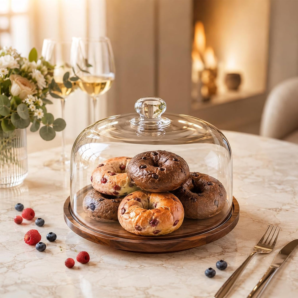 Acacia Wood Cake Stand with Glass Dome,11" Rotating Cake Stand for Desserts