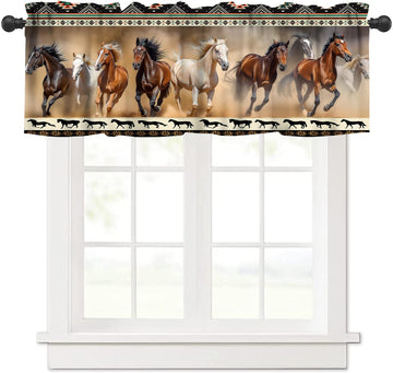 Aztec Horse Valance Curtains, Vintage Western Rustic Desert Navajo Horse Herd Running Window Short Panel Blackout