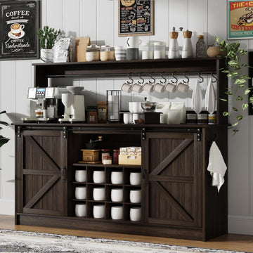55" Farmhouse Coffee Bar Cabinet with Storage Hutch, Oak