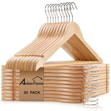 30 Pack Natural Wooden Coat Hangers, Wood Suit Hangers