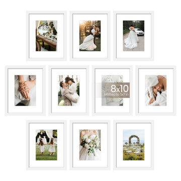 8x10 Picture Frame Set of 10, Display Pictures 5x7 with Mat or 8x10 Without, Multi Photo Frames Collage for Wall or
