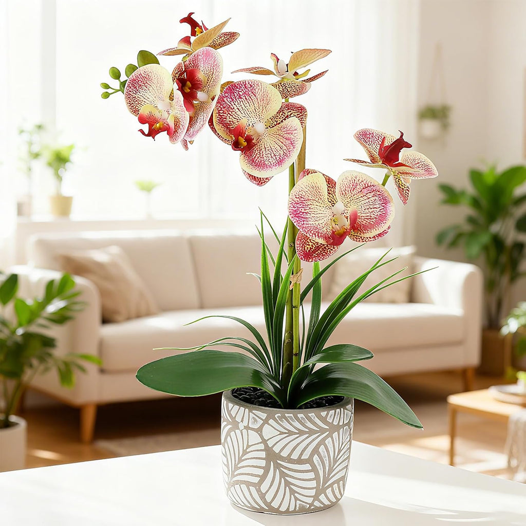 Artificial Orchid Flower Plant, 14.9'' Real Touch Faux Orchid Pink with Ceramic Vase, Fake Orchid Arrangements Home