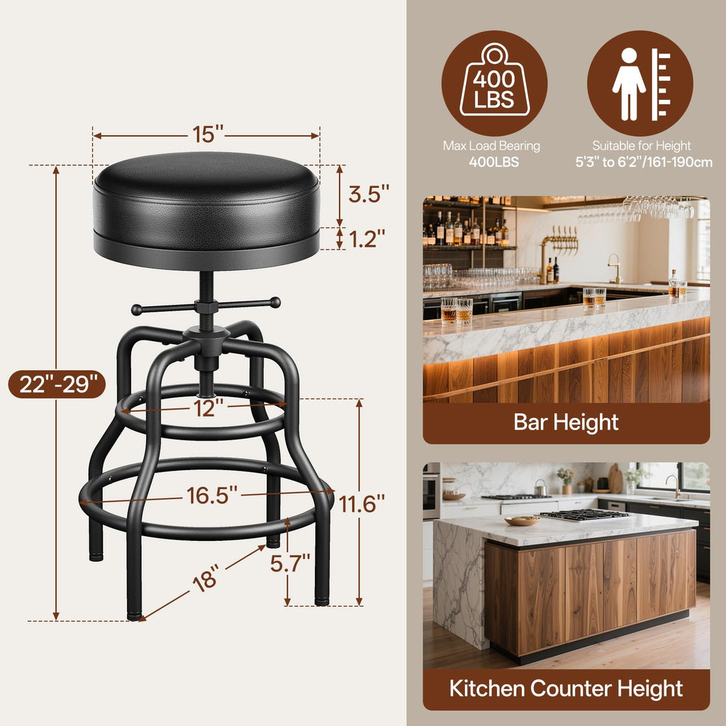 22-29 Inch Adjustable Height Industrial Swivel Bar Stool