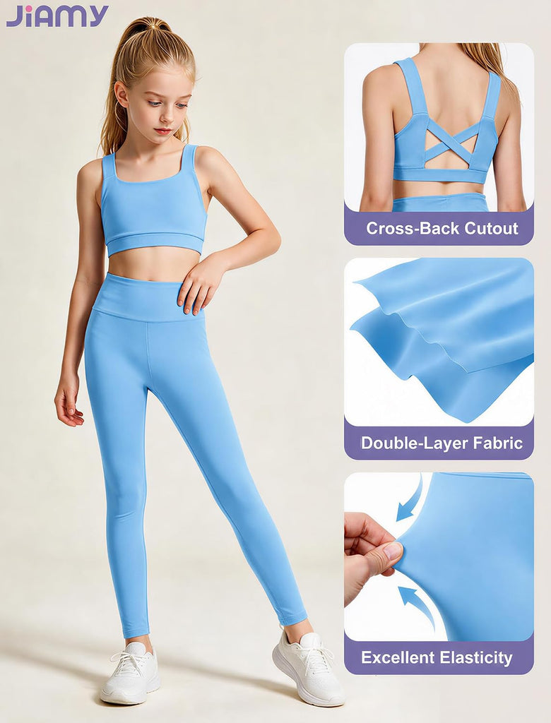 Girls 3 Piece Activewear Set with Sports Bra, Top and Leggings