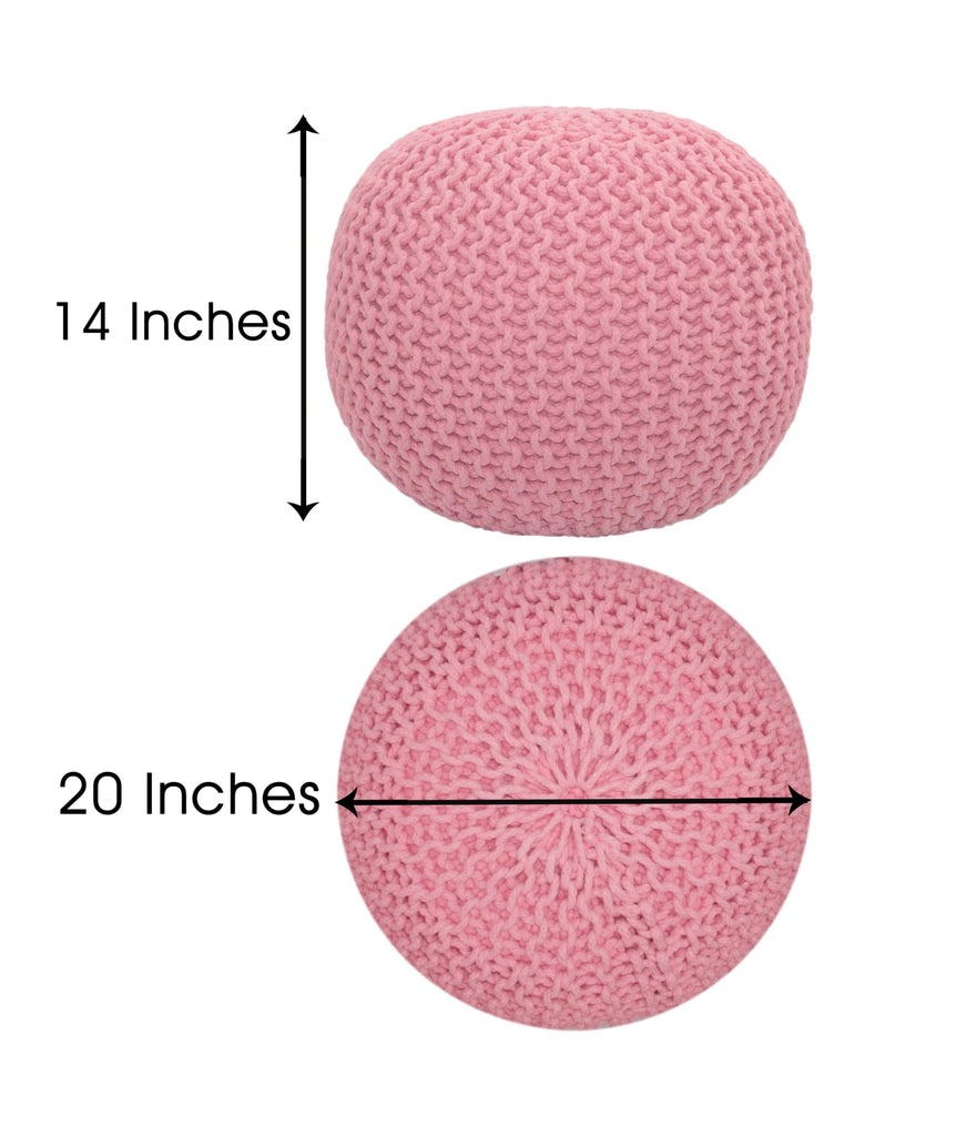 Round Pink Pouf - Hand Knitted Cotton Braid Cord Dori Ottoman