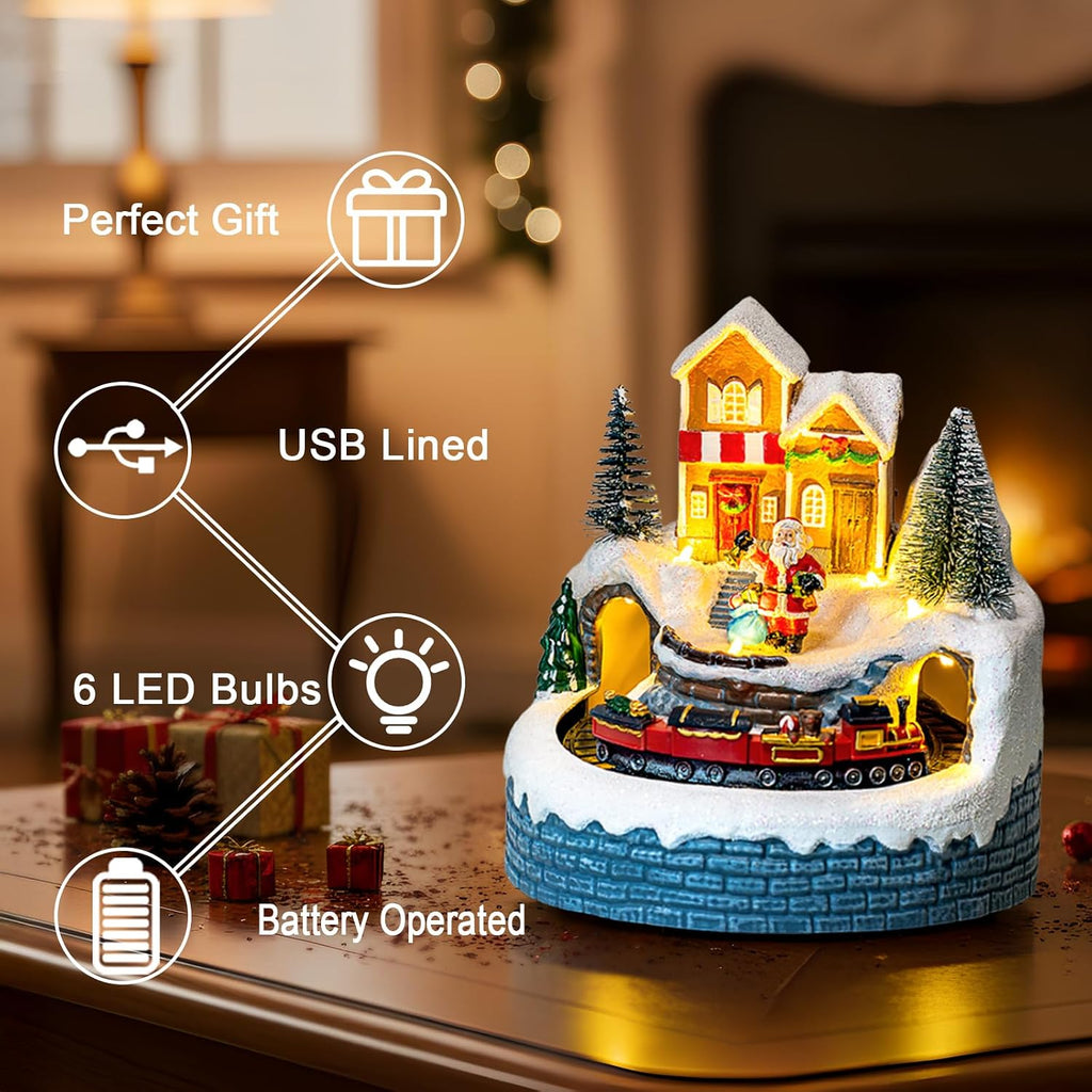 Animated Christmas Village Figurine - Lighted Santa Claus with Moving Train, Musical Holiday Collectible Statue