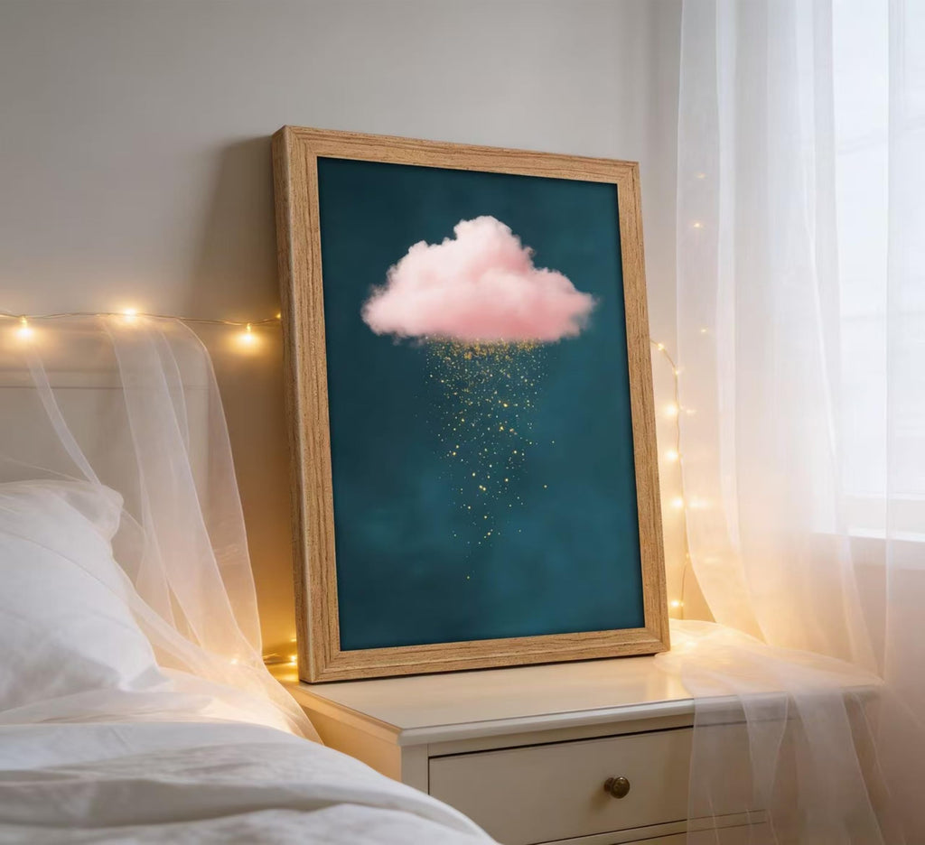 Framed 3D Textured Modern Minimalist Abstract Cloud Wall Art Golden Rain Canva Wall Deocr Pink Cloud Sky artwork