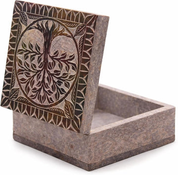 Hand Carved Marble Soapstone Square Jewellery Box, 4x4x2 Inch