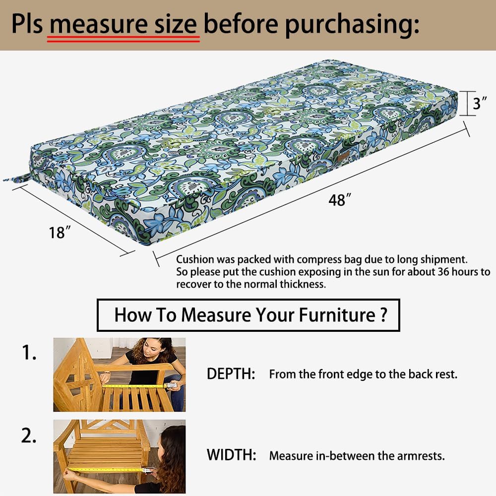 Outdoor Bench Cushion 48 x 18 Inch, Waterproof Fade Resistant Patio Garden Loveseat Sofa Settee Couch Swing Pads with