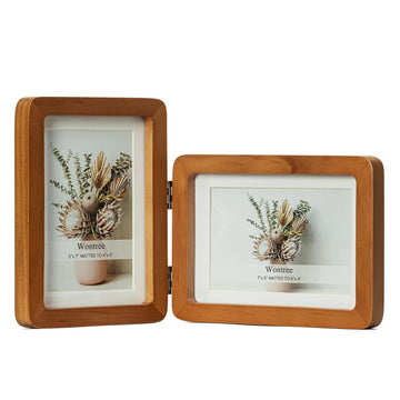 5x7 Double Vertical Horizontal Hinged Foldable Combo Rounded Corner Picture Frame, Walnut-Colored Pine Wood with Real