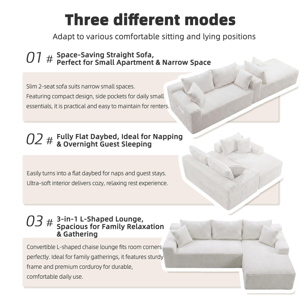 95" L‐Shaped Modular Cloud Corduroy Boneless Sectional Sofa