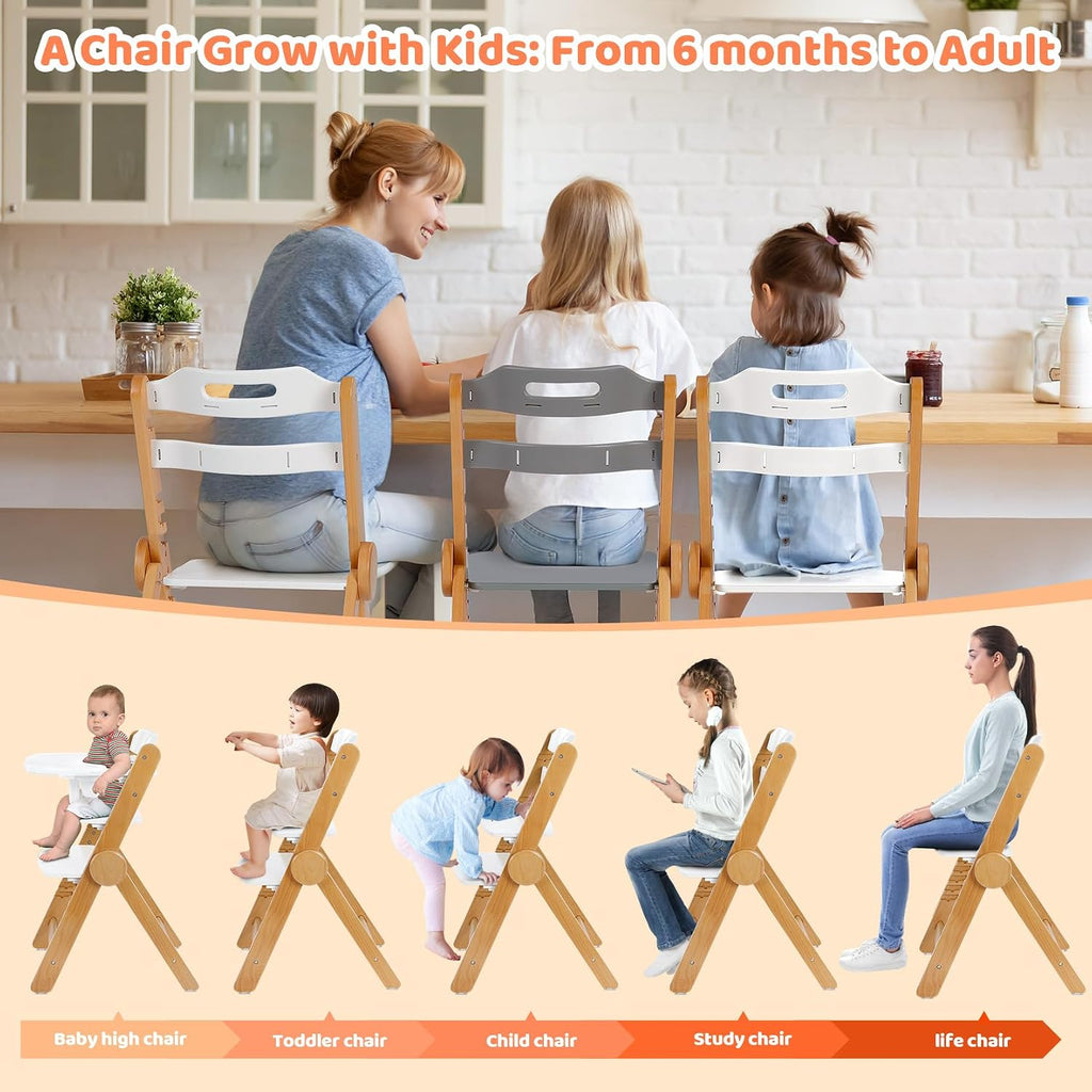 Foldable Wooden High Chair, No-Tools Adjustable Baby High Chair for Toddlers to Adult, Space-Saving Space Highchairs