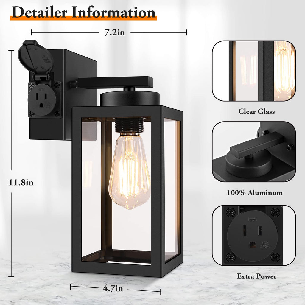 2-Pack Porch Lights Outdoor Wall Lantern, Black Outdoor Wall Light with Outlet, Waterproof Anti-Rust Exterior Light