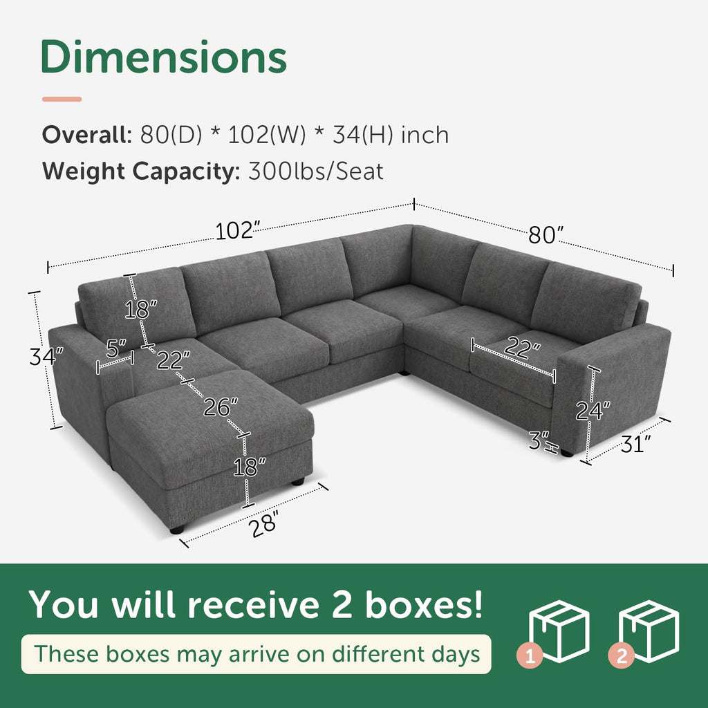 Sectional Sofa with Storage, U Shape Sofa with Chaise, 7 Seater Sectional Couch, Light Grey