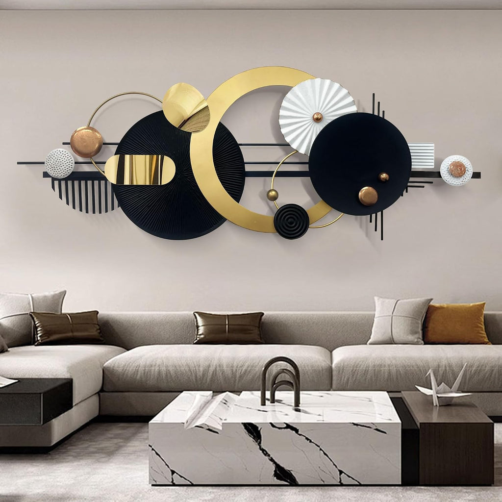 Large Modern Abstract Metal Wall Art, Black and Gold Geometric Circles Wall Decoration, Contemporary Home Decor,59 ×