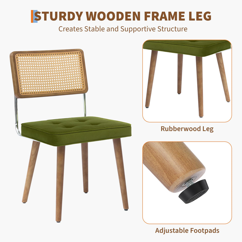 Natural Rattan Dining Chairs Set of 4, Velvet Upholstered Kitchen Chairs with Tall Cane Backrest and Strong Wood Legs