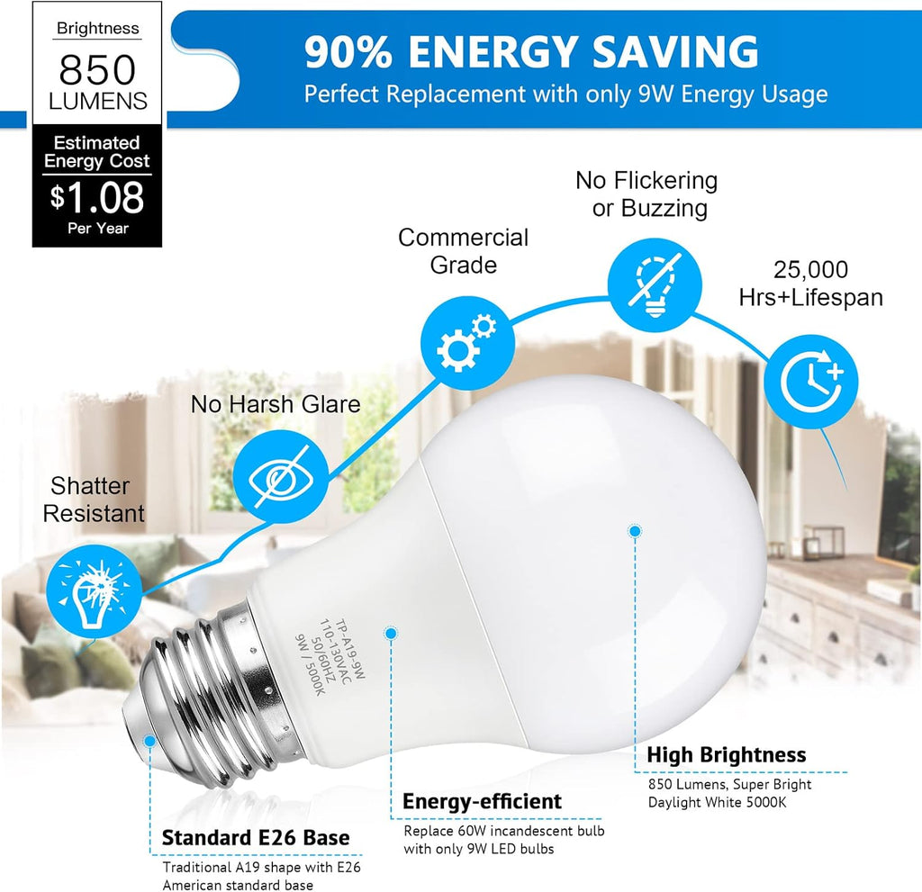 A19 LED Light Bulbs, 60 Watt Equivalent LED Bulb, Daylight White 5000K, 850 Lumen, E26 Base, Non-Dimmable, 9W Bright