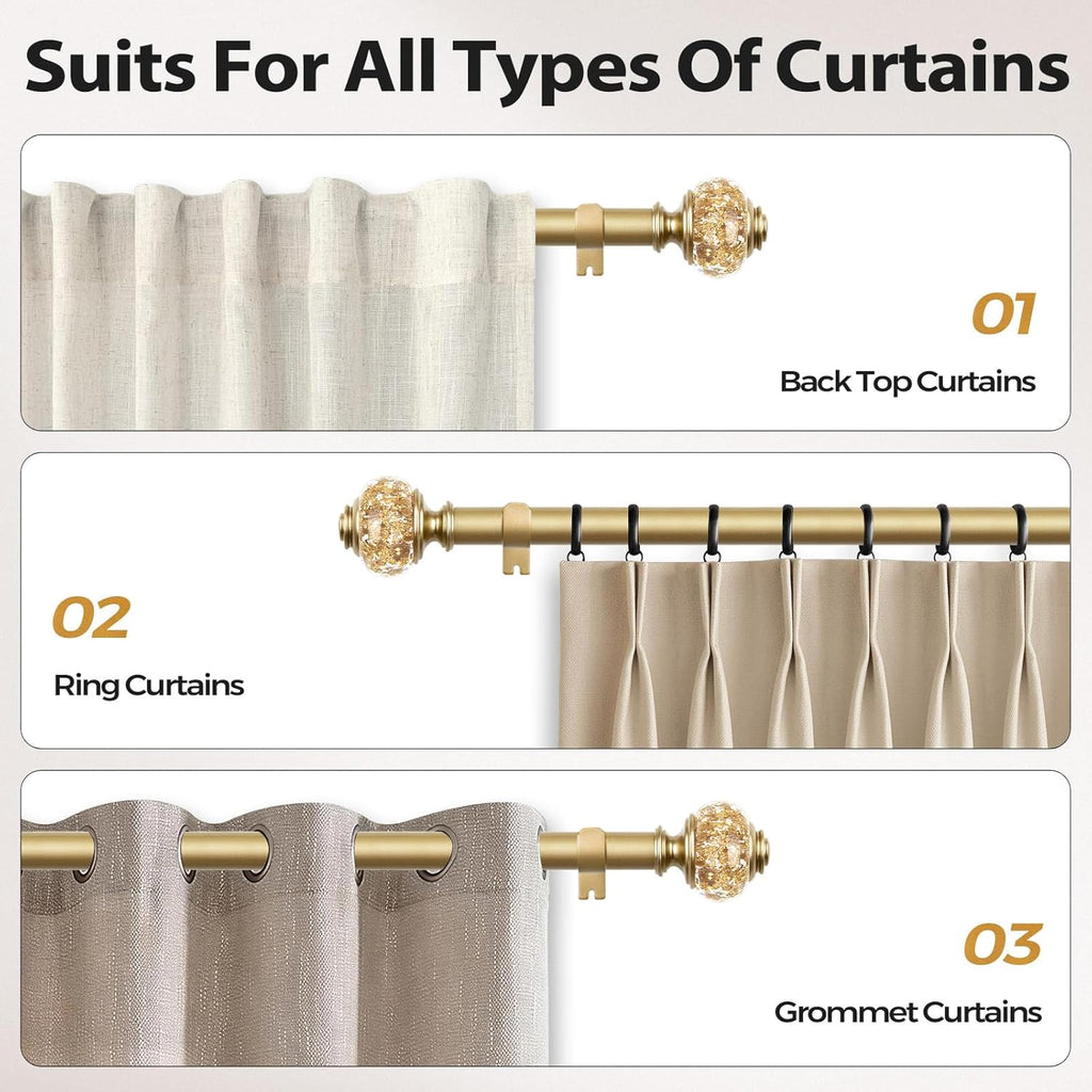 1 Inch Gold Curtain Rods for Windows 72 to 144 Inches (6 to 12 ft), Telescoping Single Drapery Rod, Decorative