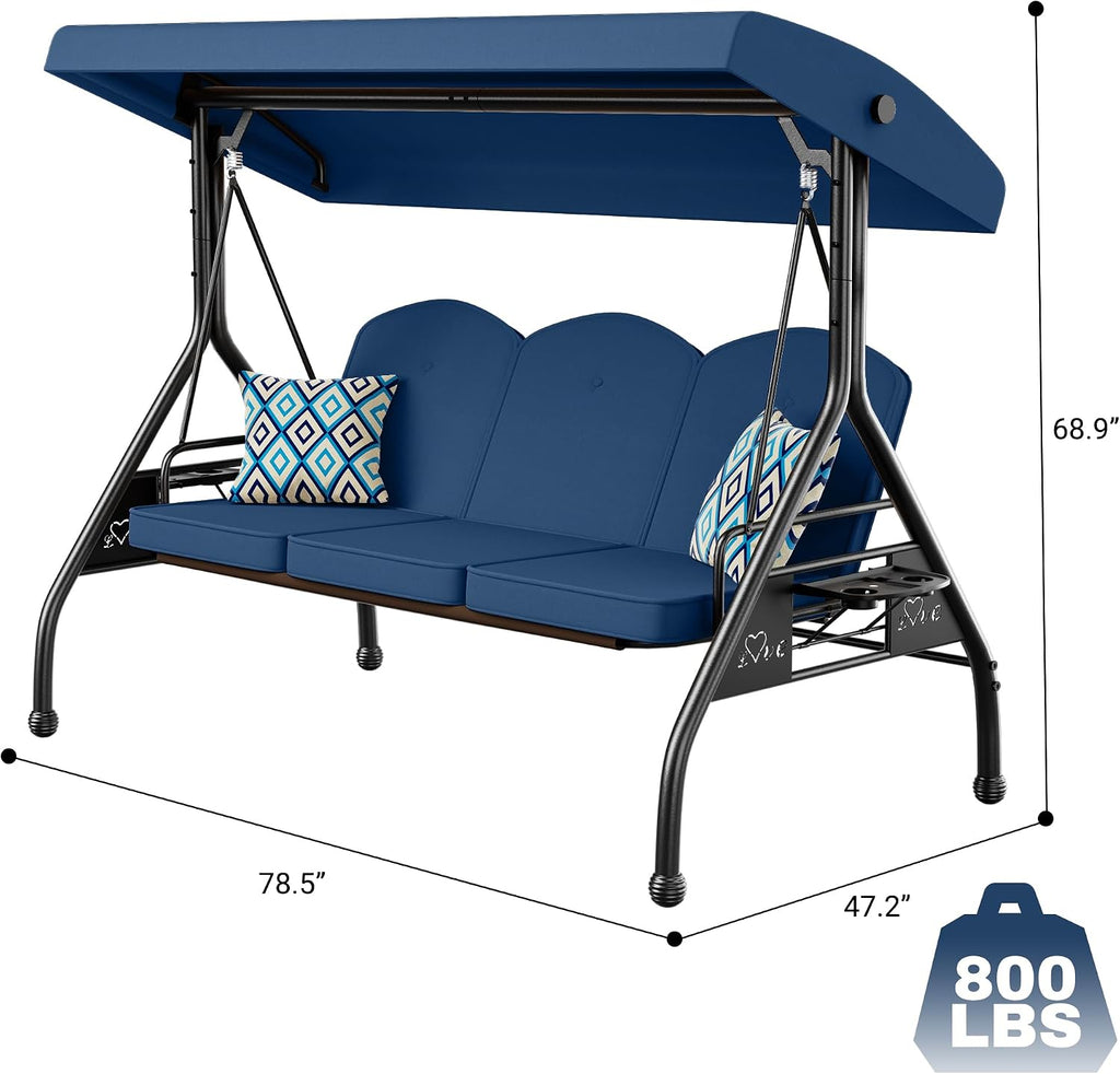 Patio Swing with Adjustable Canopy 3-Seat Outdoor Porch Swing with Stand for Adults 2-in-1 Convertible Swing Bed