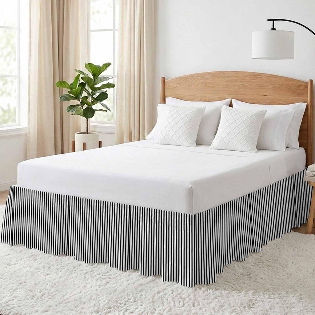 Black White Vertical Striped Bed Skirt 16 Inch Drop, Adjustable & Elastic Wrap Around Bed Skirts Pleated