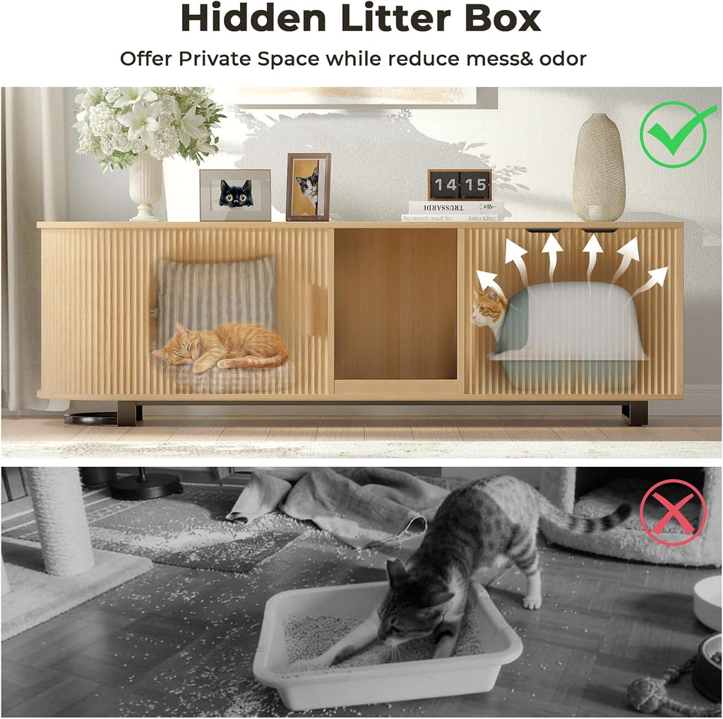 62'' Cat Litter Box Enclosure with Sliding Tambour Door, Fluted Litter Box Enclosure Furniture Hidden Litter Box