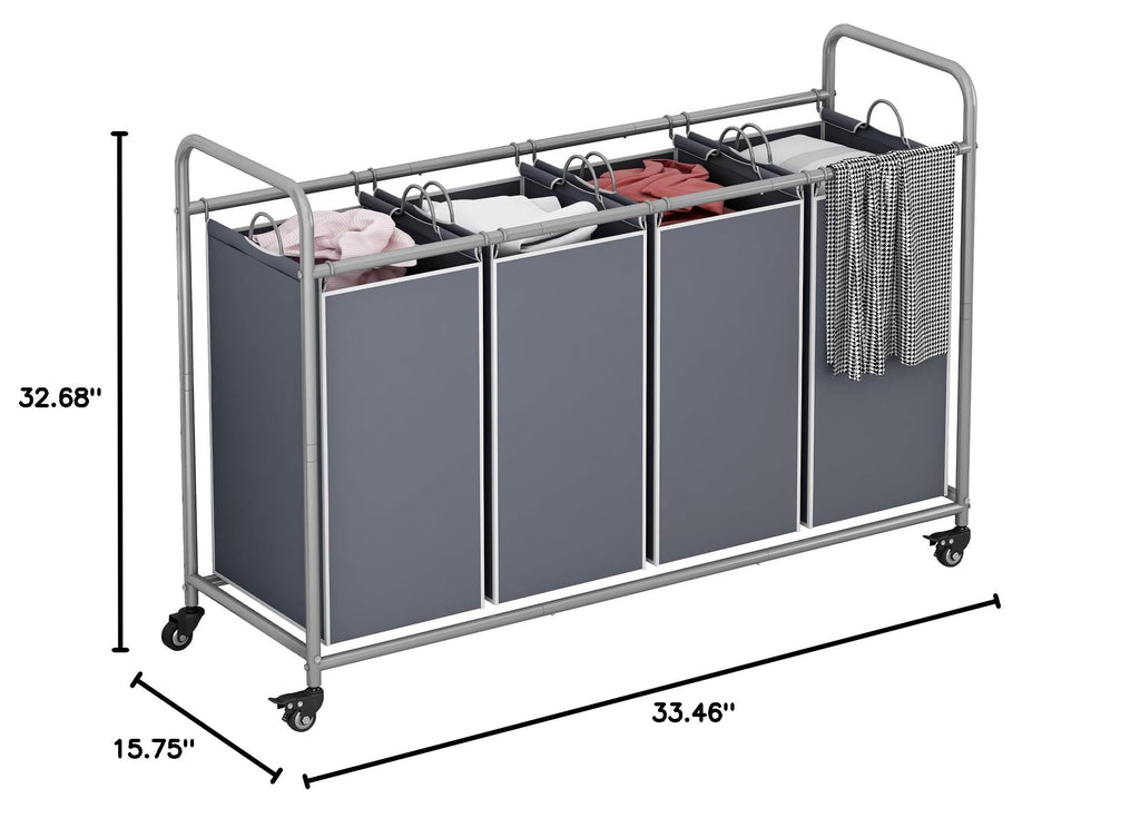 4 Section Laundry Hamper, Grey Laundry Basket, 180L Laundry Sorter