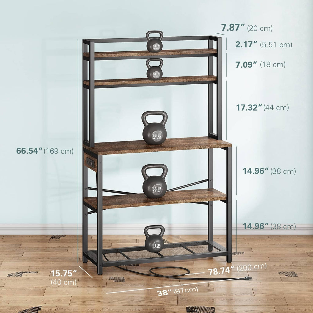 Large Bakers Rack with Power Outlets, 38 Inch Microwave Stand with Storage, 5-Tier Coffee Bar Stand, Industrial