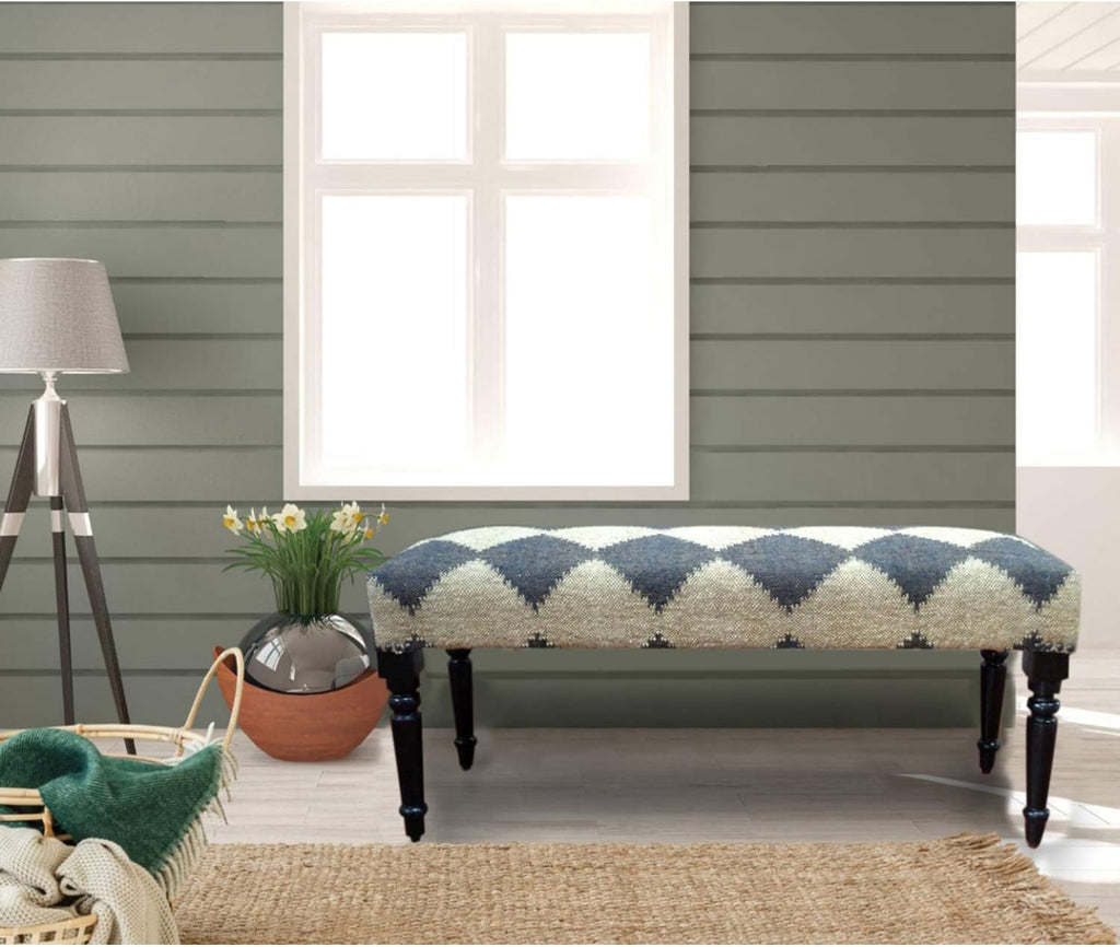 LR Home Tan/Black Upholstered Bench End of Bed | Farmhouse Checkered Accent Bench , or Entryway Seating | Long
