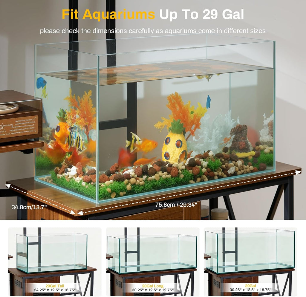 20-29 Gallon Fish Tank Stand with Plant Shelf, 2-in-1 Walnut Aquarium Stand