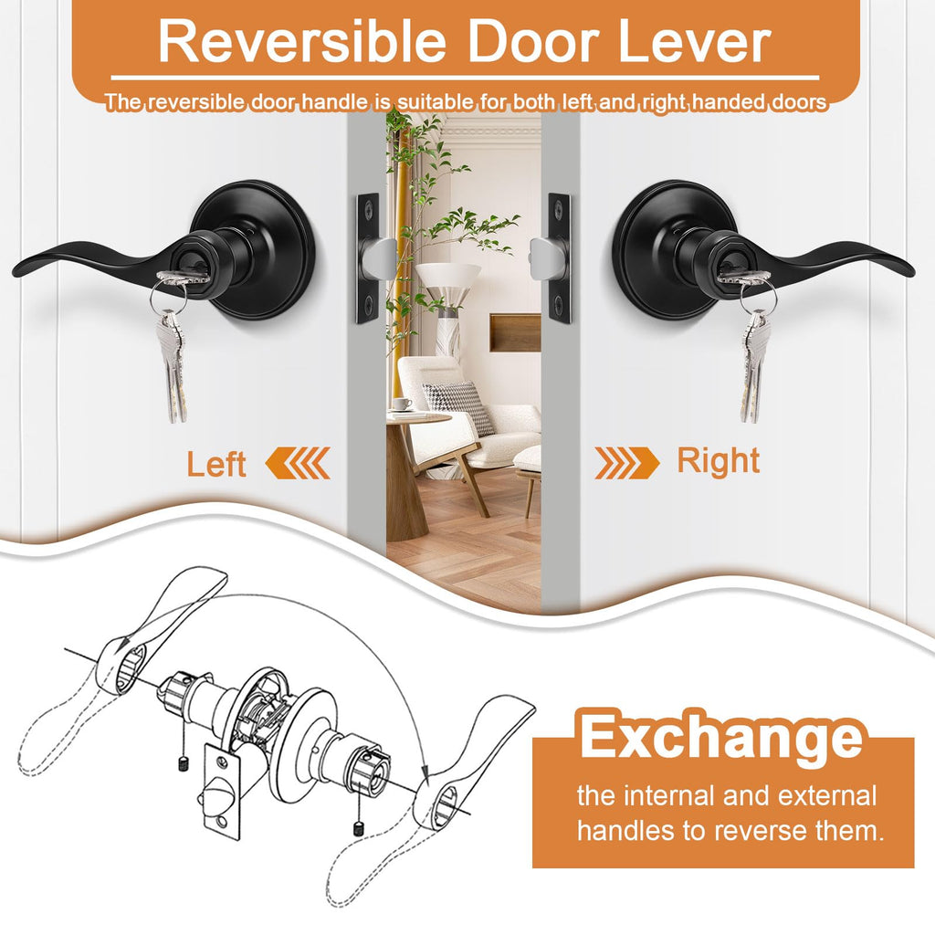 4 Pack Black Entry Knobs with Lock and Key, Keyed Alike Lockset Combo Pack, Indoor and Outdoor Leversets, Reversible