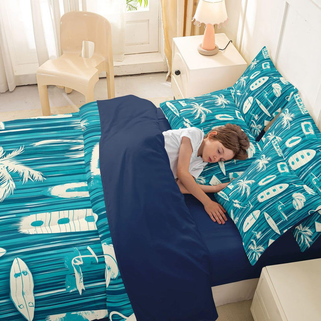Surfing Bedding Set - Surfboard Themed Bed in a Bag, Coastal Summer Beach 7 Pieces Bed Set Bedroom Decor