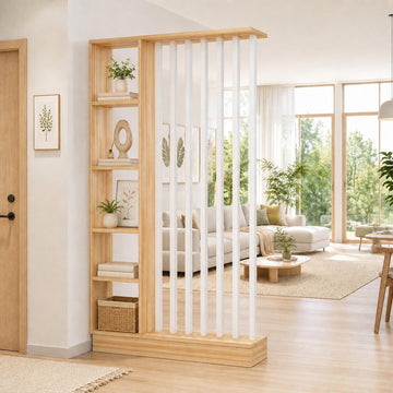 Wood Room Divider with Storage Shelves Freestanding Slat Partition