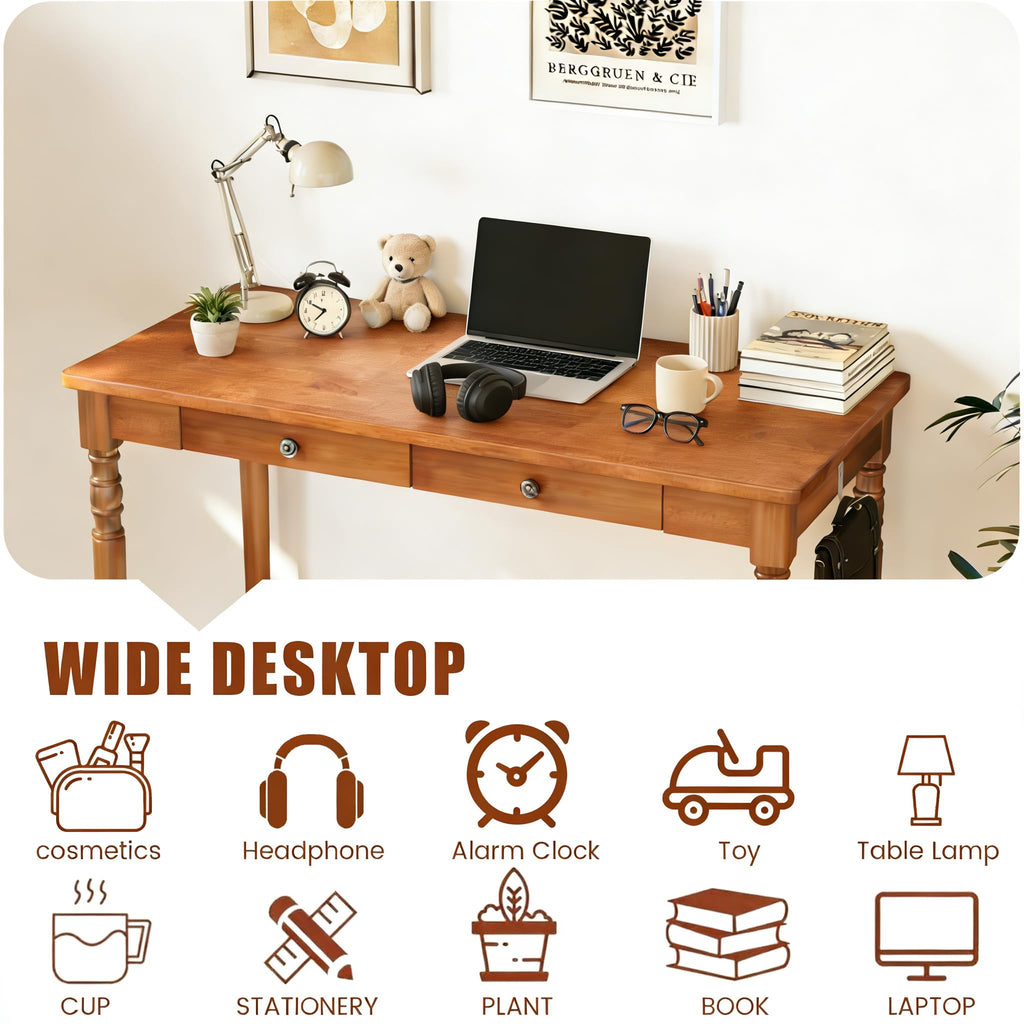 100% Solid Wooden Desk with Drawers - 47.2" Mid Century Modern Desk with 2 Hooks, Vintage Writing Desk with Drawers