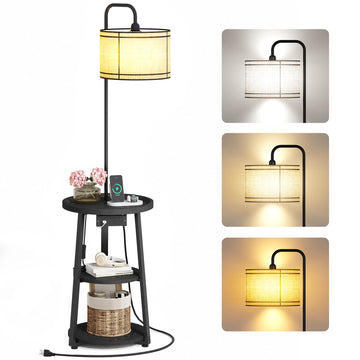 Floor Lamp with Table, Round Side Table with Charging Station Black